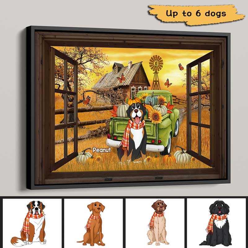 Fall Season Dog Green Truck Window Personalized Horizontal Poster